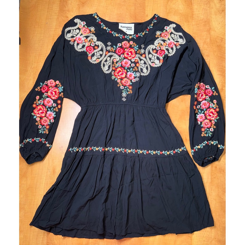 Savanna Jane Blackโ Floral Embroidered Boho Tiered Mini Dress Womens Medium
